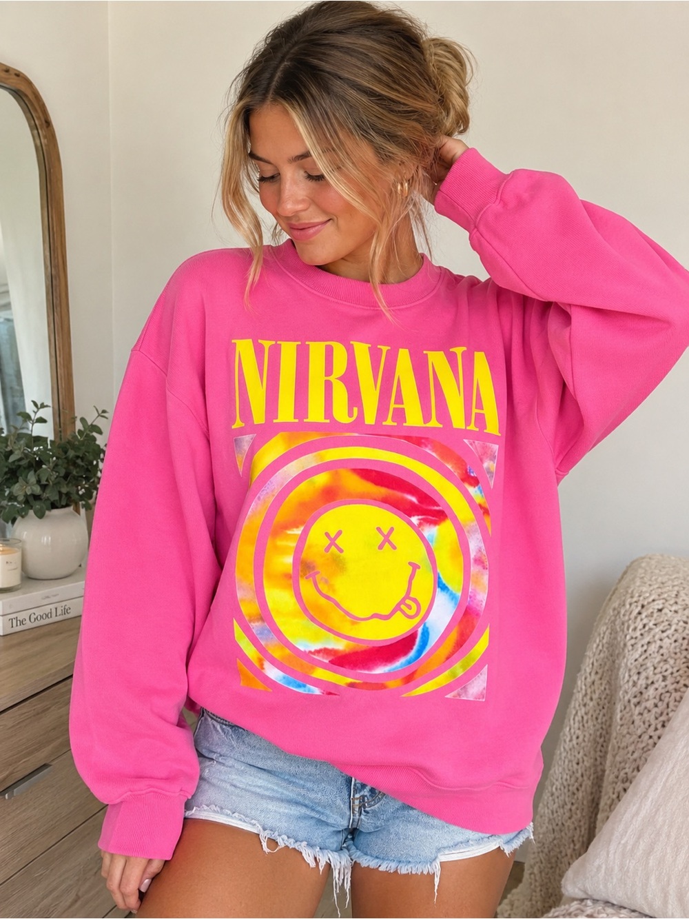 Nirvana Pink Tie Dye Smiley Graphic Pullover Sweatshirt